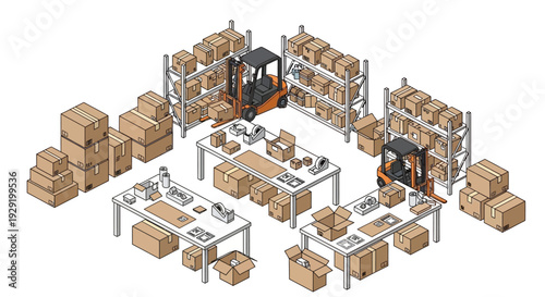 Warehouse Management System with Forklifts and Storage Shelves.