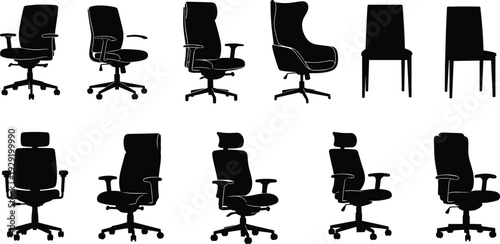 Office Chair Silhouette Set Ergonomic Swivel Seat Collection Isolated on White Background Furniture Vector Illustration