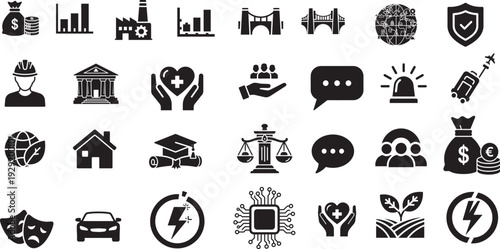 Universal Black Solid Icon Set for Business, Economy, Technology, Infrastructure, and Social Services