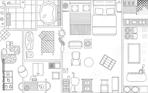 A detailed black and white line of a house interior with multiple rooms and furniture