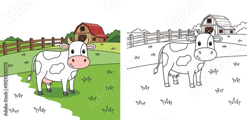 Cute cartoon cow on a green farm with a red barn. Kids coloring book page illustration with full color example and black line outline vector.