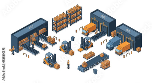 Isometric illustration of a warehouse facility with various industrial equipment and storage units.