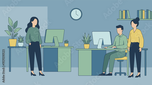 Professional team working in a modern office, minimalist illustration