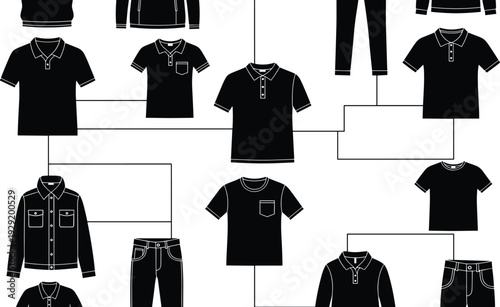 Men clothing collection silhouette vector illustration, casual fashion set with polo shirts, t shirts, jacket, pants isolated