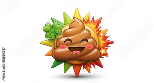 Smiling poop emoji with a four-leaf clover and sunburst design, happy face.