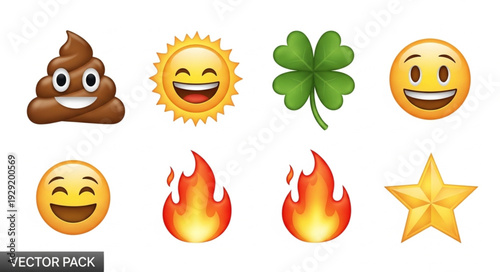 Collection of various emojis including smiling faces, fire, a star, and a four-leaf clover.
