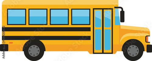 Yellow school bus with black stripes and blue windows