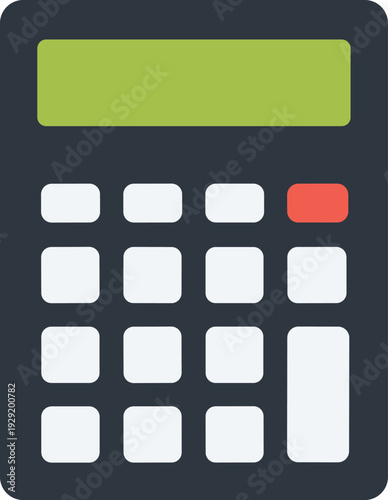 Modern calculator with green display and red button