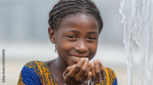 Smiling African girl with wet face, after taking sip water borehole, clean water access moment, hydration celebration visualization, with copy space