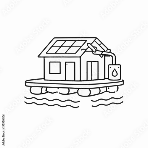 Eco-friendly floating home concept with solar panel energy on the water, highlighting sustainable living and eco-conscious design.
