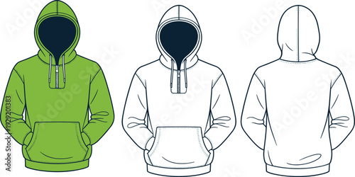 Three hooded sweatshirts in green, white, and outline view with front and back perspectives front view