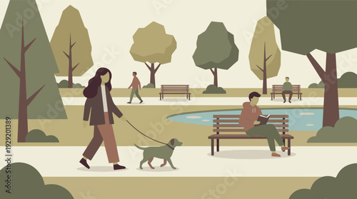 People relaxing and walking in a minimalist public park illustration