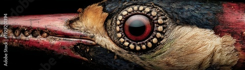 Extreme close up reveals striking details of a tropical avian specimen's eye and beak structure
