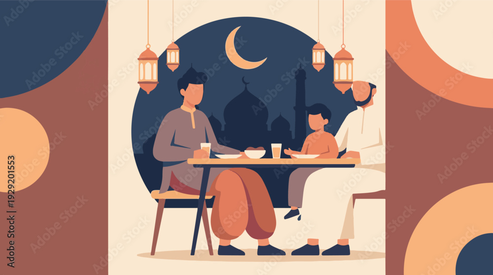Fototapeta premium Muslim family breaking fast during Ramadan with crescent moon and lanterns