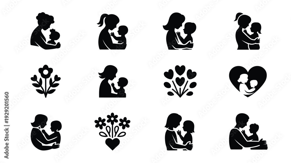 Obraz premium Mother's day silhouette logos bundle black icons of mothers and children flowers and hearts for greeting cards and advertising