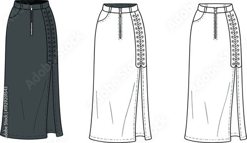 Three Long Skirts with Decorative Side Panels and Belt Loops in Different Shades of Gray and White