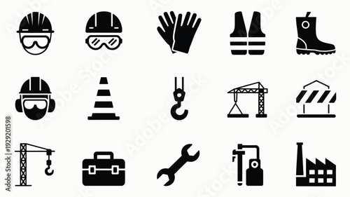 Labor day safety themed silhouette logo icons set including construction worker helmet gloves boots goggles and tools on gray background