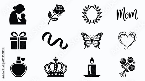 Mother's day symbols and icons set including silhouettes flowers gifts and royal elements on white background