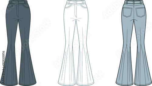 Three pairs of flared jeans in dark blue light blue and white color variations with detailed stitching and pockets