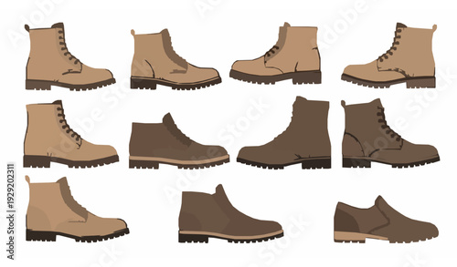 Mens Footwear Vector Set Boots Flat Illustration Isolated White Background