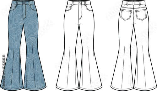 Three pairs of flared jeans with different patterns and colors including blue swirls and plain white