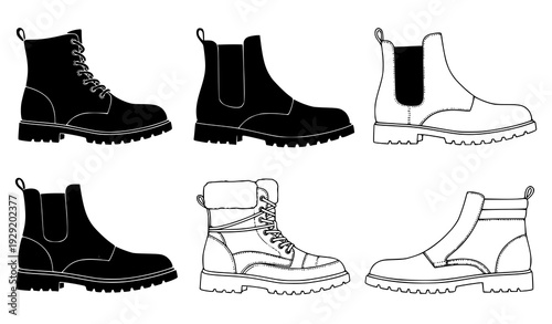 Mens Boots Outline Icon Set Footwear Vector Collection Isolated White Background