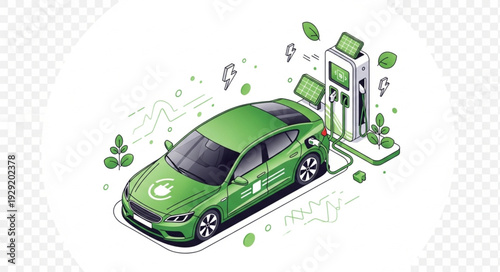 Green electric car charging at a station, eco-friendly transportation concept.
