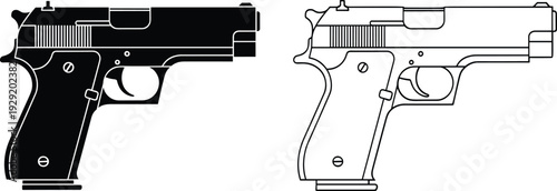 Black and white semi automatic pistol vector illustration, detailed handgun side profile silhouettes isolated on gray background firearm graphic