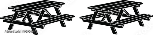 Black and white picnic table illustration, wooden outdoor bench silhouette vector, minimalist garden furniture graphic isolated on white background