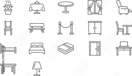 Home Interior Furniture Line Icon Set with Bed Table Chair Cabinet Lamp and Living Room Elements