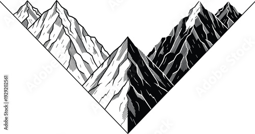 Black and white mountain landscape vector illustration, detailed alpine peaks forming symmetrical V shape geometric design