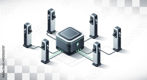 Electric vehicle charging station network with central power hub.