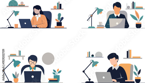 Set of flat vector illustrations of people working on laptops at desks with lamps and plants.