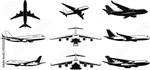 Airplane silhouettes vector set, commercial passenger aircraft collection in multiple angles isolated on white background illustration