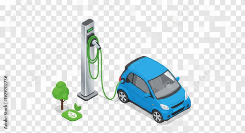 Electric vehicle charging station with a blue car and green environment.