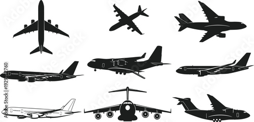 Airplane silhouettes collection vector illustration, commercial passenger aircraft set in different angles isolated on white background
