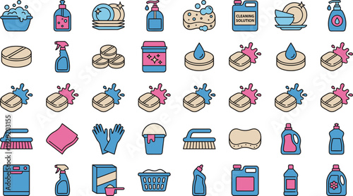 House Cleaning Supplies and Laundry Line Icon Set with Soap Sponge Gloves Detergent and Wash Tools