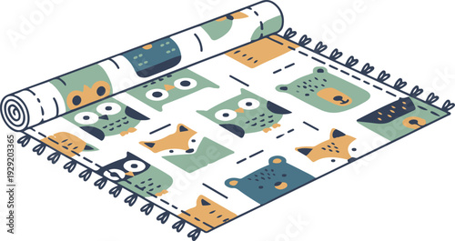 Cute isometric baby play mat with adorable animal illustrations in soft pastel colors, designed in a flat cartoon style, perfect for nursery themes, kids products, interior mockups, and children’s vec