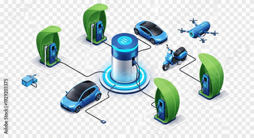 Electric vehicle charging station network with cars, scooters, and drones, future transport.