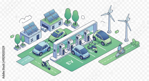 Electric vehicle charging station with renewable energy sources and sustainable transportation.