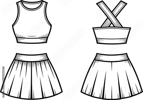 Two black and white line of women's clothing featuring tank tops and skirts with different line women's clothing