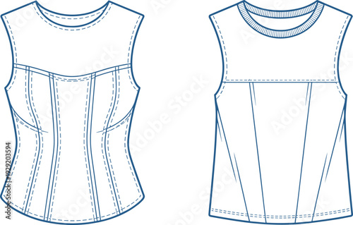 Two blue line of sleeveless women's tops with different necklines and seams line blue lines sleeveless women's clothing