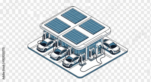 Modern electric vehicle charging station with solar panels and cars.
