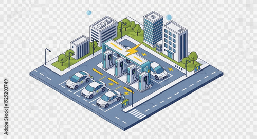 Isometric view of a modern gas station with cars and buildings in a city setting.
