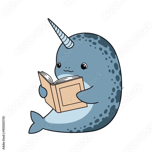 Cartoon narwhal reading a book with a cute expression