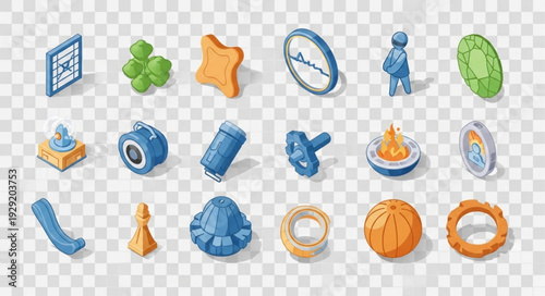 Collection of various isometric 3D icons representing different objects and elements.