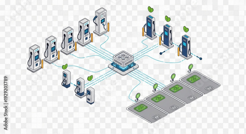 Electric vehicle charging station network with digital data transmission.