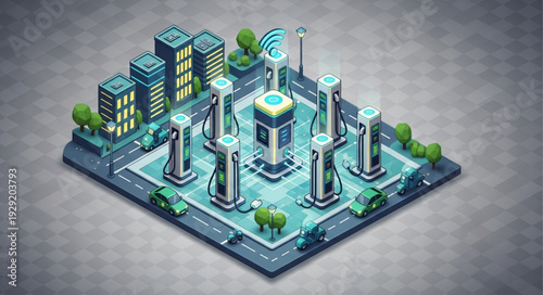 Isometric view of a futuristic smart city with advanced technology.