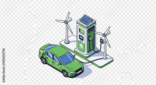 Electric vehicle charging station powered by renewable energy sources, green car.