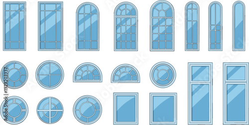 Modern Window Frame Collection with Round, Arched and Rectangular Glass Designs Architectural Vector Set